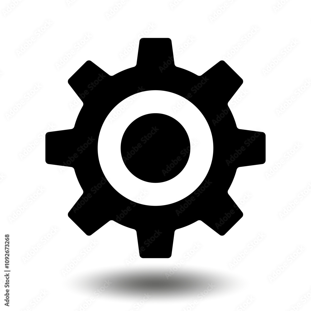 Black gear icon. Machine sprocket gear icon. Flat design. Vector cogwheel sign symbol on a white background. Black gear icon. Machine sprocket gear icon. Flat design. Vector cogwheel sign symbol on a white background.