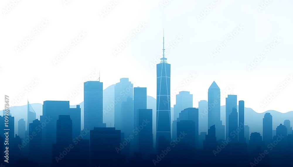 Fototapeta premium A business-inspired wallpaper featuring faint, stylized skyscrapers and city skyline outlines, blended with a calm gradient of blues and whites for a sleek corporate look.