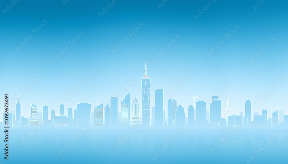Obraz premium A business-inspired wallpaper featuring faint, stylized skyscrapers and city skyline outlines, blended with a calm gradient of blues and whites for a sleek corporate look.