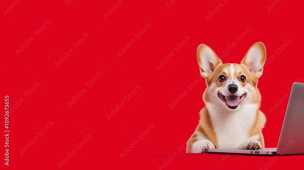 A cheerful corgi sitting in front of a laptop on a bright red background, exuding a playful and friendly vibe.