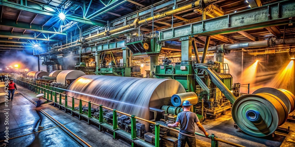 Obraz premium Long Exposure of Paper Mill Factory Workers in Action, Capturing the Dynamic Environment of Industrial Production with Steam and Machinery, Showcasing the Process of Papermaking
