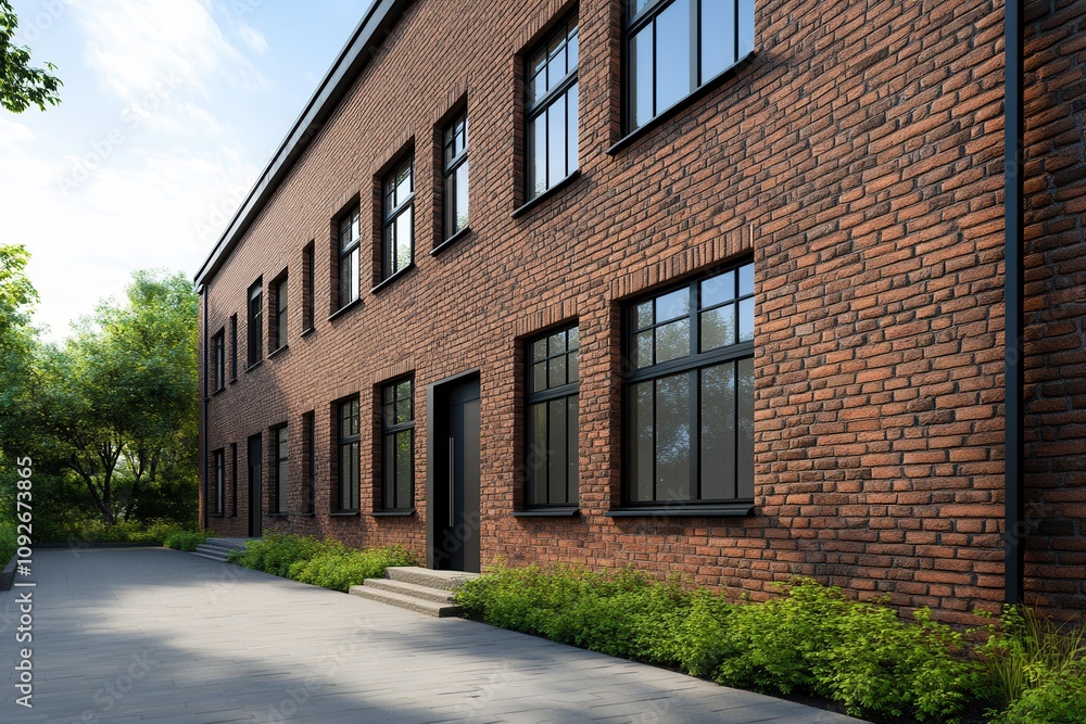 A modern brick building with large windows, surrounded by greenery and a paved path, showcasing an inviting urban architectural style. A modern brick building with large windows, surrounded by greenery and a paved path, showcasing an inviting urban architectural style.