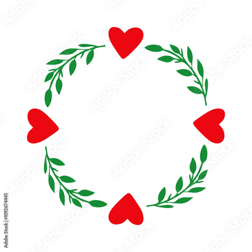 Ilustración para decoración primaveral. Banner con marco circular con ramas con corazones para tarjetas y felicitaciones de San Valentín