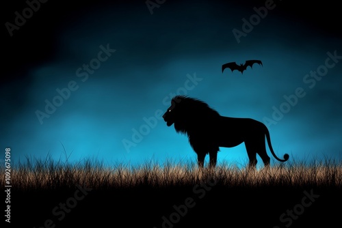 A gothic safari scene at twilight, with a shadowy lion lurking in tall grass and bats flying overhead photo