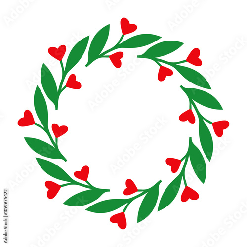 Ilustración para decoración primaveral. Banner con marco circular con ramas con corazones para tarjetas y felicitaciones de San Valentín