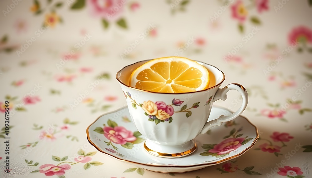 Fototapeta premium A classic English tea wallpaper in a delicate porcelain teacup with a slice of lemon and a floral saucer.