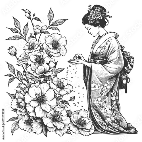 geisha in traditional kimono, surrounded by detailed blooming flowers and foliage sketch engraving generative ai fictional character vector illustration. Scratch board imitation. Black and white image
