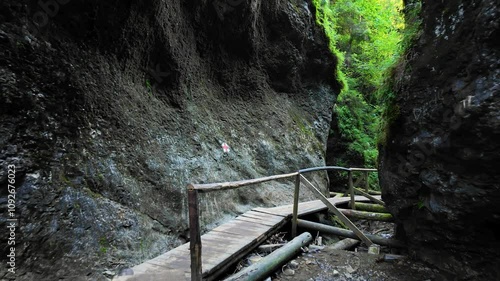 Wooden Path Through Moara Dracului Gorge In Rarau Mountains, Suceava Region, Romania photo