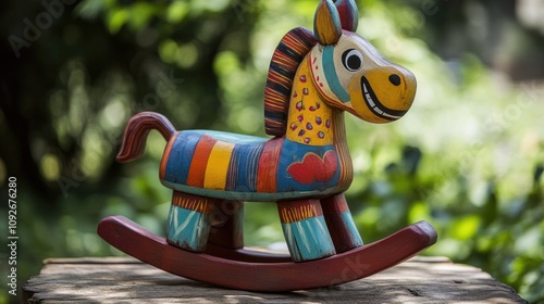 Colorful wooden rocking horse toy outdoors. photo