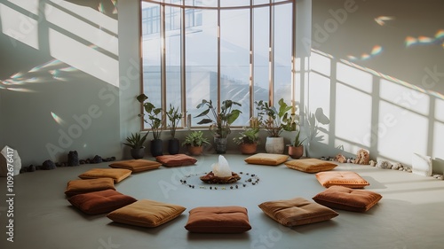 Serene room with cushions, plants, crystals, and rainbow prisms photo