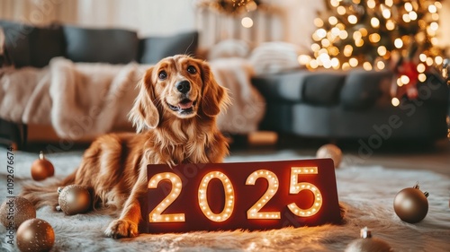 Festive 2025 sign in a cozy living room with warm lighting and a playful pet adding charm to the New Year's Eve celebration. Christmas, New Year's Eve photo