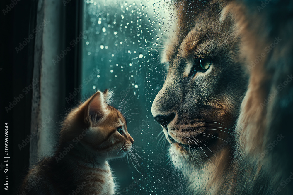 Naklejka premium Curious kitten meets majestic lion at rainy window indoor scene emotional connection