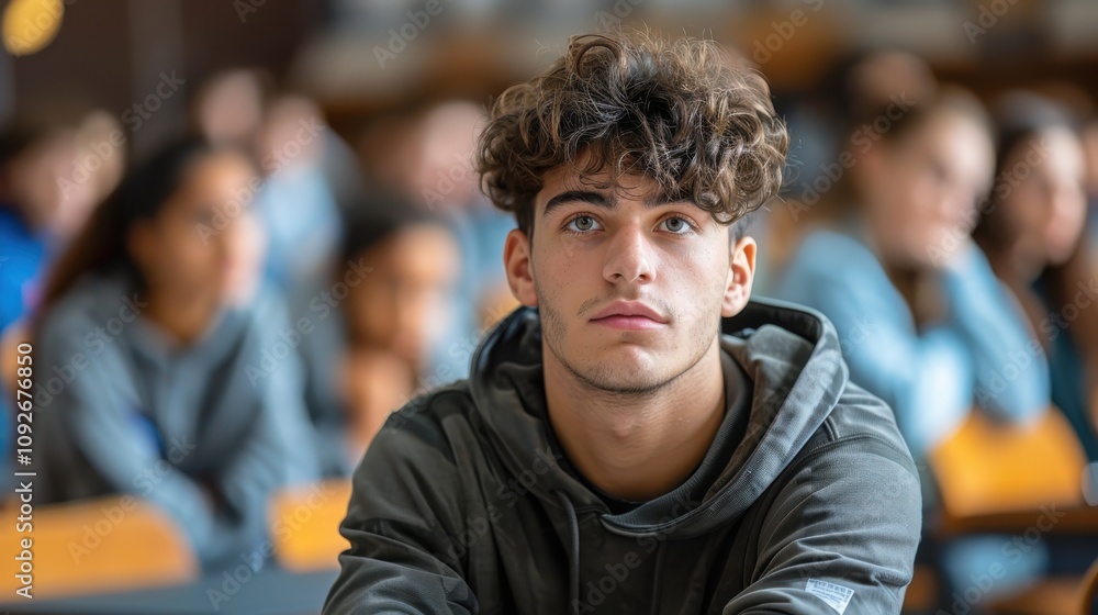 Intelligent-looking young male student, focused and determined, seated in a university classroom setting Intelligent-looking young male student, focused and determined, seated in a university classroom setting