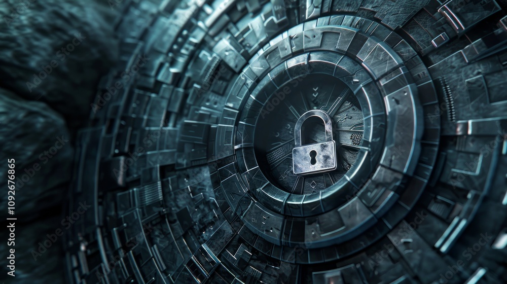 A padlock icon in the center, representing security or data protection. A padlock icon in the center, representing security or data protection.