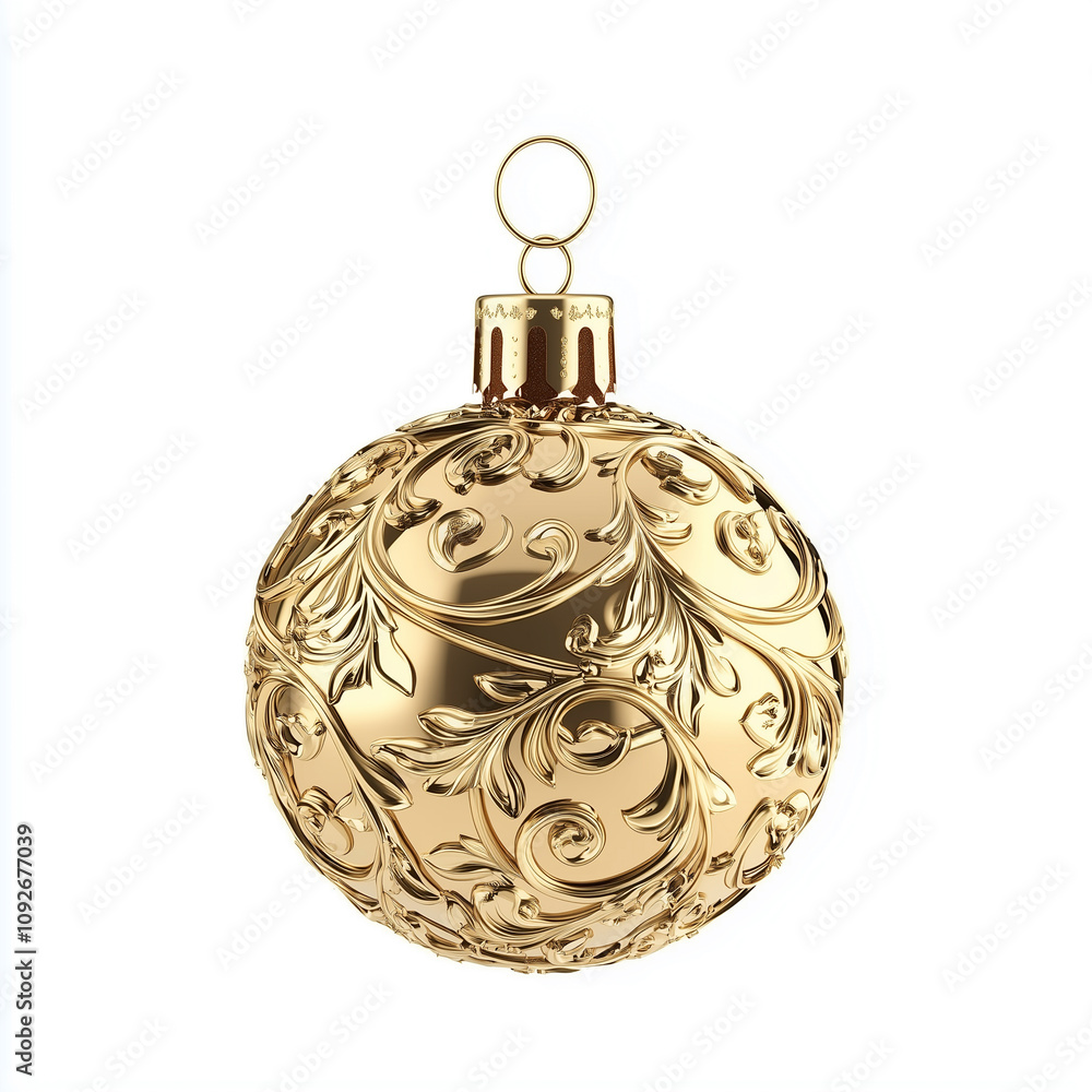 A beautifully ornate golden Christmas ornament with intricate floral designs, featuring a loop for hanging. The ornament has a shiny, reflective surface that captures light elegantly. A beautifully ornate golden Christmas ornament with intricate floral designs, featuring a loop for hanging. The ornament has a shiny, reflective surface that captures light elegantly.