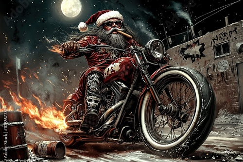 Santa Claus biker riding chopper motorcycle in the Christmas night. Ai Generative