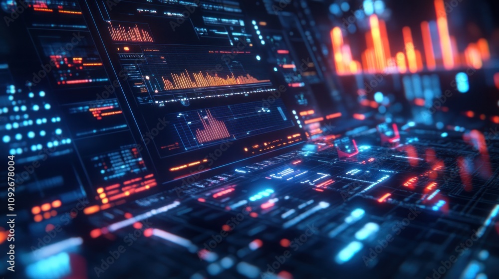 A robotic analyst processing renewable energy stock data, glowing interfaces and dynamic lighting A robotic analyst processing renewable energy stock data, glowing interfaces and dynamic lighting