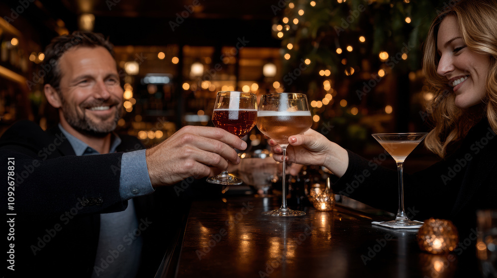 Couple Toasting With Cocktails in a Vibrant Bar During a Cozy Evening Celebration Filled With Warm Lights and a Lively Atmosphere Couple Toasting With Cocktails in a Vibrant Bar During a Cozy Evening Celebration Filled With Warm Lights and a Lively Atmosphere