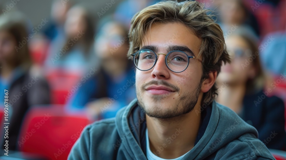 Intelligent-looking young male student, focused and determined, seated in a university classroom setting Intelligent-looking young male student, focused and determined, seated in a university classroom setting