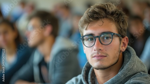 Intelligent-looking young male student, focused and determined, seated in a university classroom setting