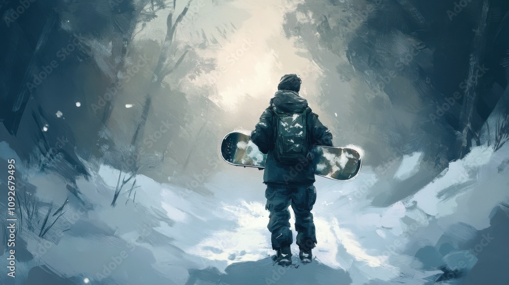 Snowboarder Standing in a Serene Winter Forest Pathway, Ready for Adventure Amidst Lush Snow-covered Pine Trees and Soft Winter Light Snowboarder Standing in a Serene Winter Forest Pathway, Ready for Adventure Amidst Lush Snow-covered Pine Trees and Soft Winter Light