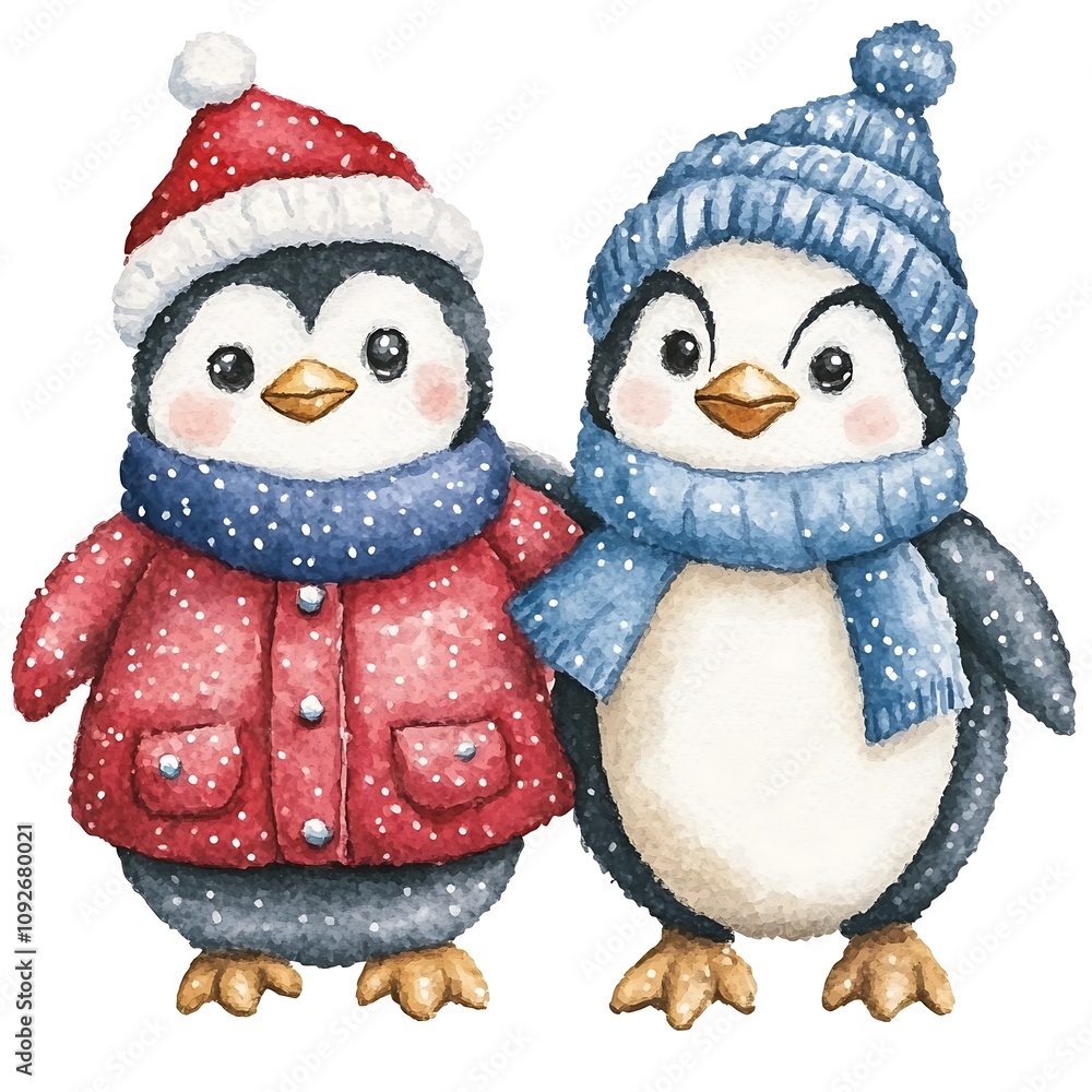 Fototapeta premium Charming penguins embrace winter together in warm hats and cozy sweaters