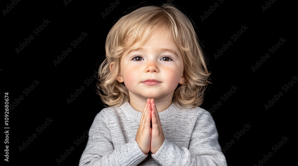 Child With Curly Blonde Hair Holding Hands Together in a Thoughtful Pose Against a Black Background, Creating an Aura of Innocence and Contemplation
