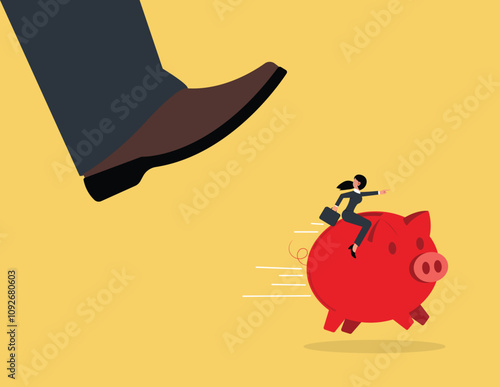 Businesswoman riding a piggy bank to escape crisis and business troubles. management and savings concept