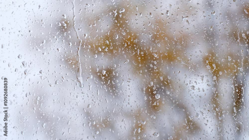 Rain falling outside, raindrops flowing on the window on a rainy day in autumn, trees moving windy, static background, space for text