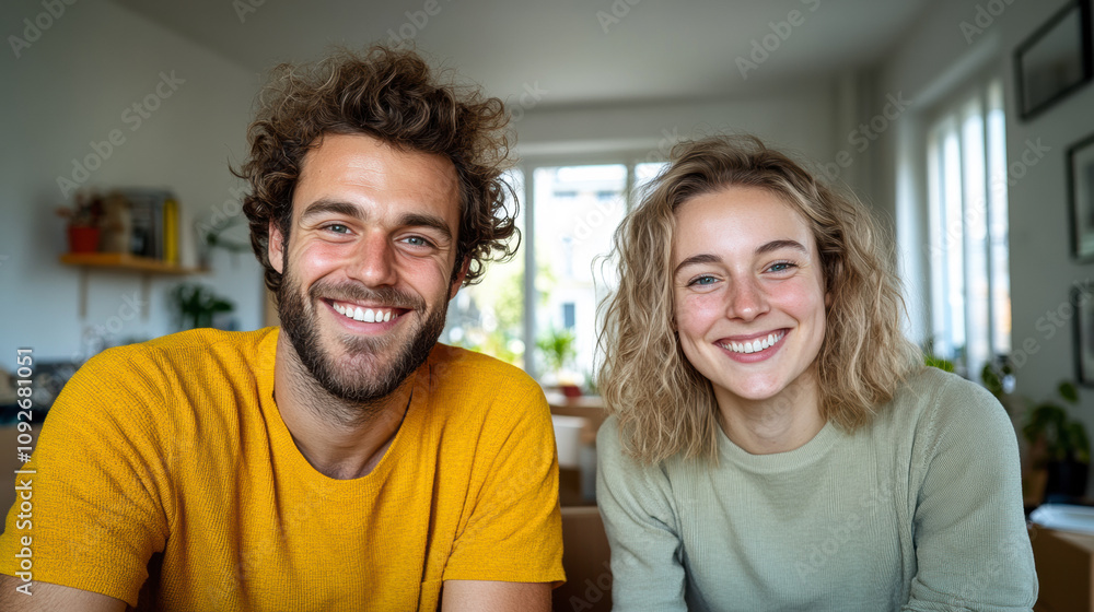 Smiling Young Couple Enjoying Each Other\'s Company in a Cozy Indoor Setting Filled With Light and Plants Smiling Young Couple Enjoying Each Other\'s Company in a Cozy Indoor Setting Filled With Light and Plants