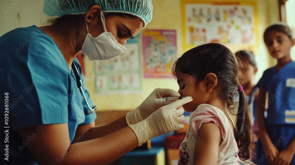 A young girl receives a vaccination from a nurse in a classroom setting. A young girl receives a vaccination from a nurse in a classroom setting.