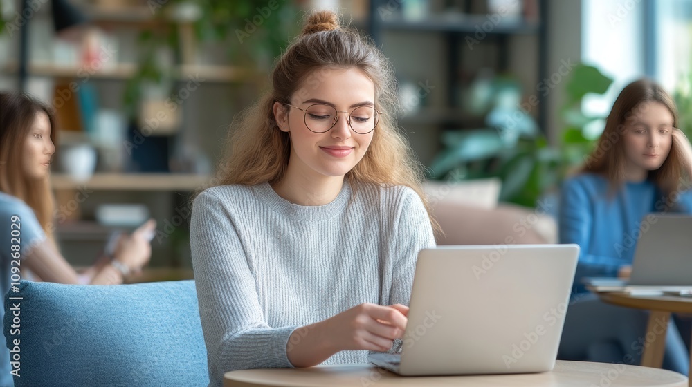 Young Woman in Comfortable Café Setting Working on Laptop with a Warm Smile, Surrounded by Friends Engaged in Their Own Tech Activities in Soft Natural Light Young Woman in Comfortable Café Setting Working on Laptop with a Warm Smile, Surrounded by Friends Engaged in Their Own Tech Activities in Soft Natural Light