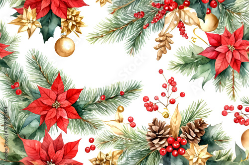 Watercolor Christmas Pattern with Poinsettias, Pinecones, and Golden Ornaments