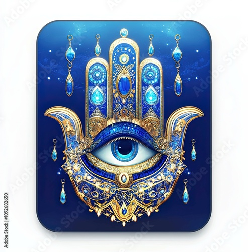 Intricate blue hamsa hand design featuring an eye and decorative elements, symbolizing protection and spirituality photo