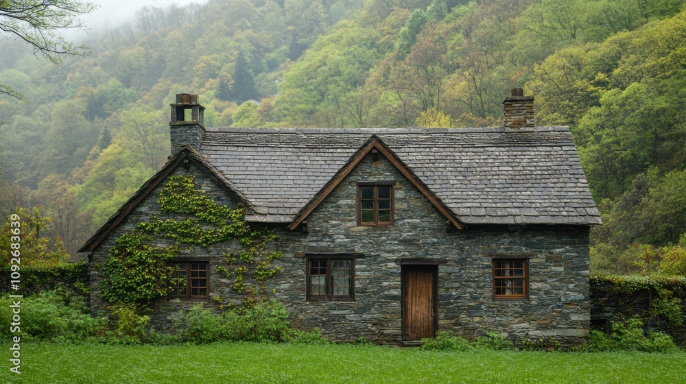 Obraz premium A quaint stone cottage surrounded by lush greenery in a misty landscape.