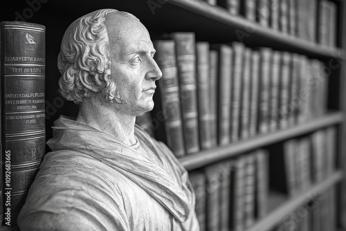 Classic Statue Against a Bookshelf Background photo