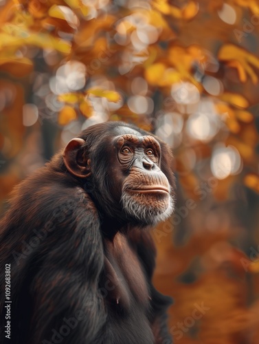 Intimate view of a Chimpanzee, Pan troglodytes, in its forest environment