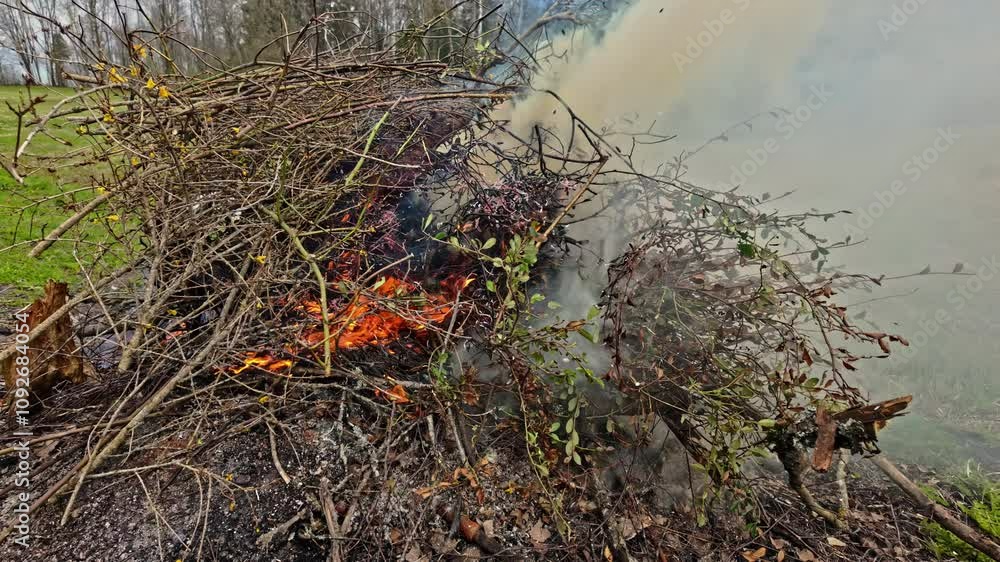 Fire in the forest, scrap pieces of branches burning with flames and smoke Fire in the forest, scrap pieces of branches burning with flames and smoke