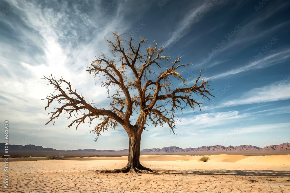 Lonely dry tree in the desert with cracked sand Lonely dry tree in the desert with cracked sand