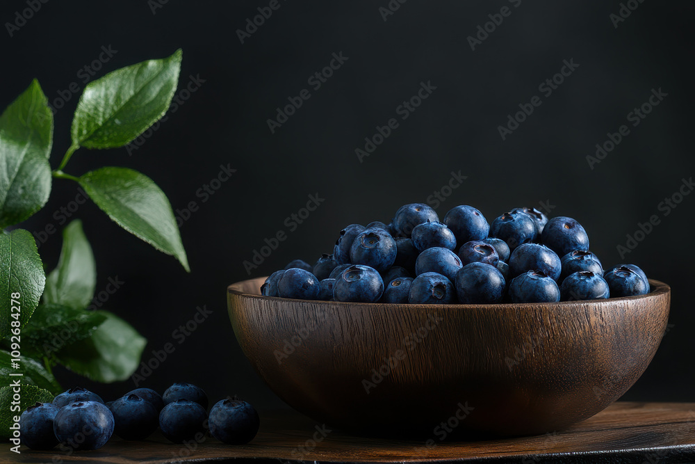 A wooden bowl filled with fresh blueberries, accompanied by green leaves on a dark background. A wooden bowl filled with fresh blueberries, accompanied by green leaves on a dark background.