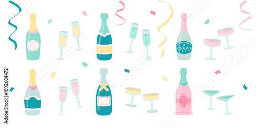 Set of champagne bottles and glasses in pastel colors in cute cartoon flat style