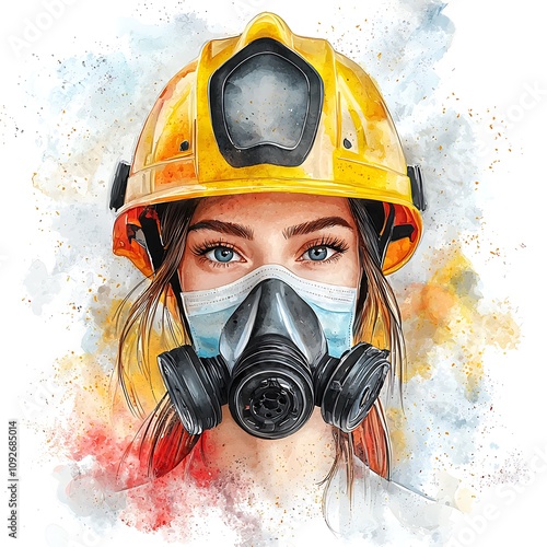 Watercolor Portrait of a Young Woman Wearing a Yellow Hard Hat and Respirator Mask. photo