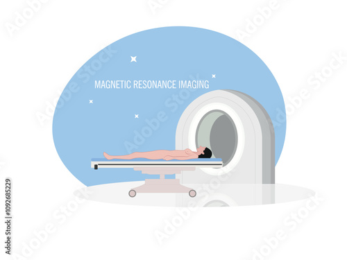Magnetic resonance imaging in progress.Medical illustration of an MRI scan with a patient lying inside the machine.