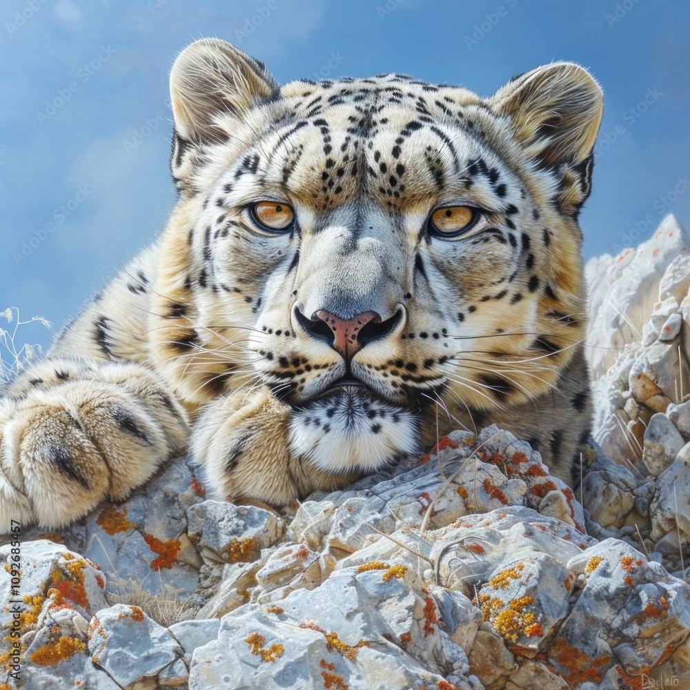 Snow leopard resting on rocky terrain high altitude wildlife photography natural environment close-up perspective Snow leopard resting on rocky terrain high altitude wildlife photography natural environment close-up perspective