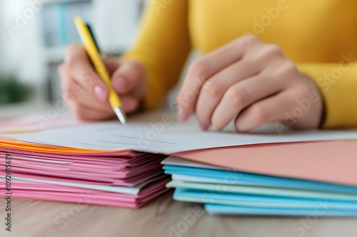 A person writing on paper with colorful stacks of documents nearby.