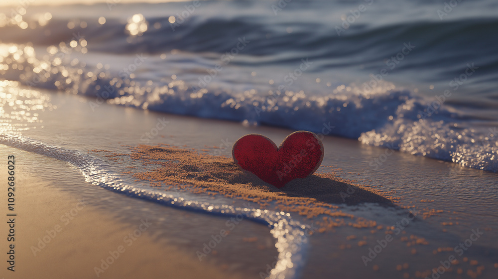 Fototapeta premium Red heart on sandy beach at sunrise