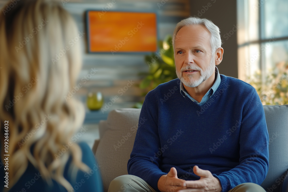 Fototapeta premium Psychologist or psychotherapist having session with her baby boomer man patient and writing notes, assessing patient's health and giving diagnosis. Psychotherapy session with old man.