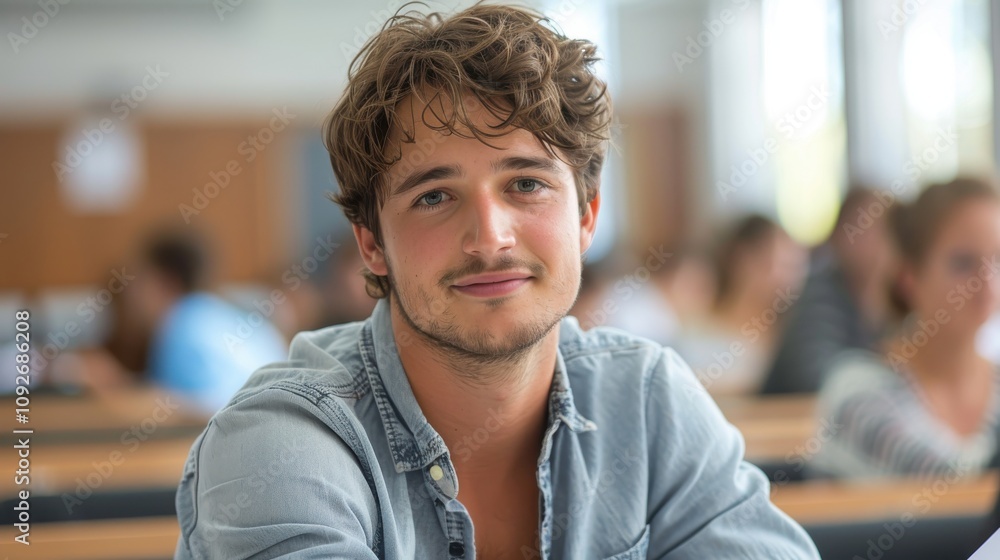 Fototapeta premium Intelligent-looking young male student, focused and determined, seated in a university classroom setting