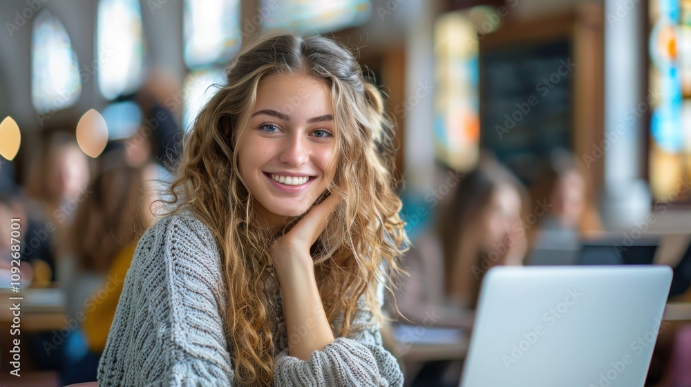 Intelligent-looking young woman, beautiful and confident, sitting in a university classroom, eager for success Intelligent-looking young woman, beautiful and confident, sitting in a university classroom, eager for success