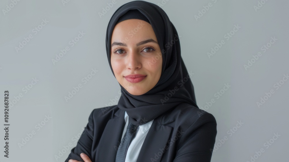 A confident businesswoman in a hijab stands with her arms crossed A confident businesswoman in a hijab stands with her arms crossed